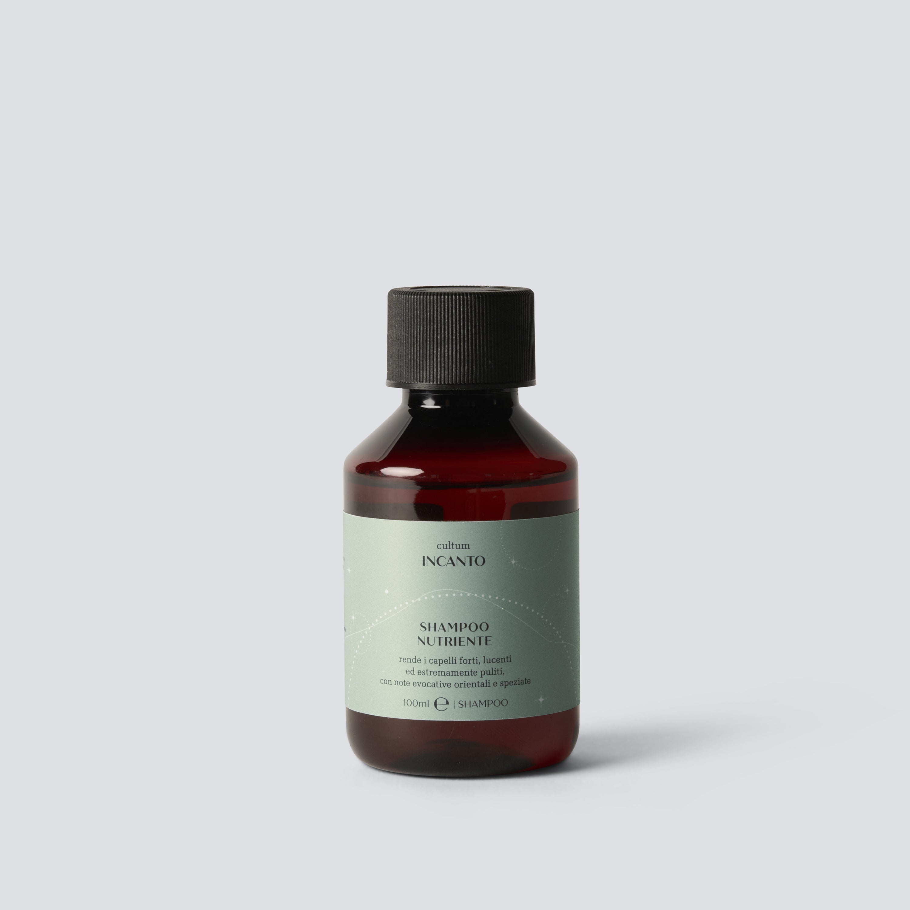 Shampoo Nutriente Incanto di Cultum Cosmetics, flacone ambrato, trattamento nutriente e delicato per capelli.