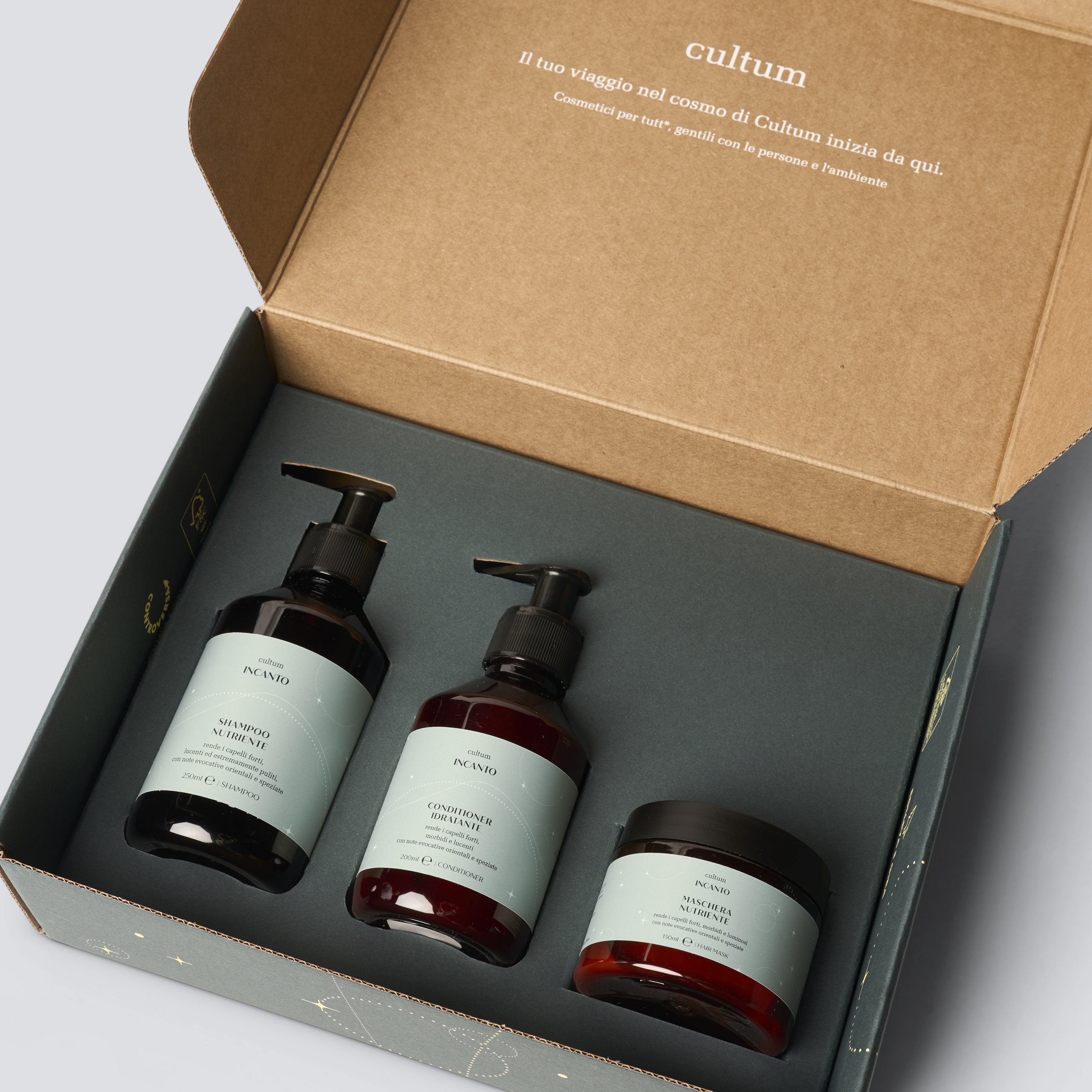 Box Incanto Cultum Cosmetics, set completo per capelli con shampoo, maschera e conditioner nutrienti.